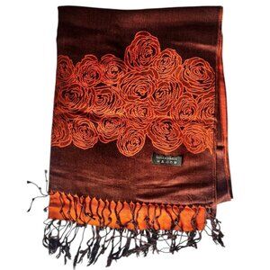 100% Cashmere Rox Scarf With Rose Pattern 27"x71" &  3" Fringe Orange Brown